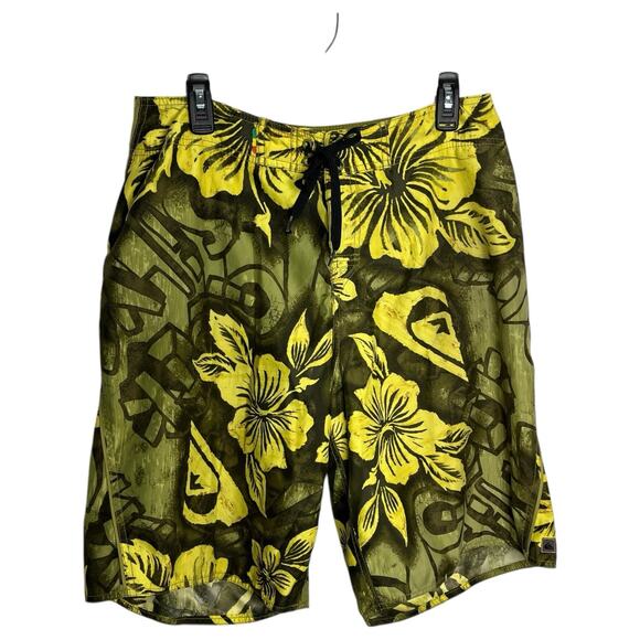 VTG 90s y2k Quiksilver Board Shorts Men 32 33 Yellow Green Hawaiian Floral Surf - Picture 1 of 9
